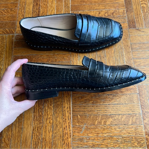Something Navy Black Croc Style Leather Square Toe Loafers, Size 5.5 - Picture 3 of 7